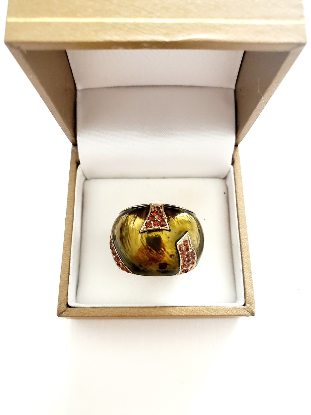 Gold-Tone Olive Green Dome Ring with Orange Crystal Accents